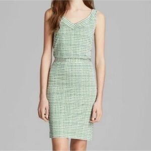 Tory Burch 100% Silk Double Box Geometric Plaid Dress Green V-Neck Size Medium